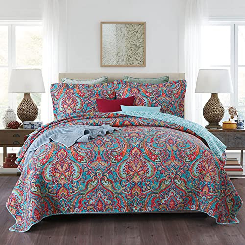 Qucover Quilted Bedspreads 100% Cotton Floral Paisley Quilts Super King Size Bedspread 250x270 cm, Patchwork Bedspread & Coverlet Set with 2 Pillowcases