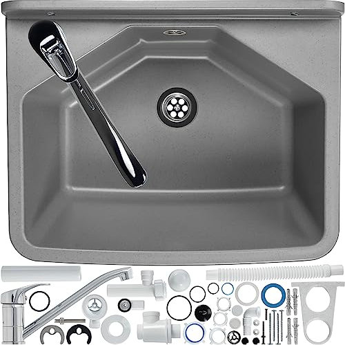 gospo Ausgussbecken mit Armatur, Siphon, 46 x 37 x 20 cm, Waschbecken aus Kunststoff, Waschtrog für Garten, Garage, Keller, Werkstatt, Wandmontage, Spülbecken inkl. Zubehör (grau)