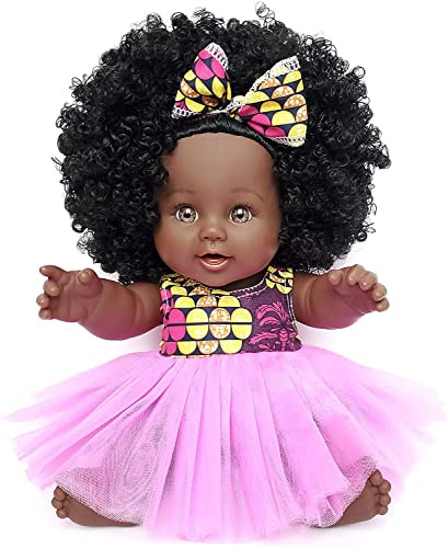 COLOR TOYS Afrikanische Schwarze Puppe für Kinder mit Rucksack und Nuckelflasche | 30cm Spielzeug Geburtstagsgeschenk |Lockige Haare