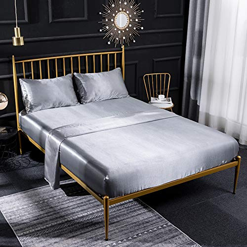 Juego de sábanas de seda satinada color crema de 4 piezas con sábana bajera de satén, sábana encimera, funda de almohada, transpirable, suave y cómodo, tamaño individual