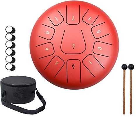QULONG 12 Zoll Stahlzungentrommel Harmonische Handpan-Trommel, 11 Noten tercussion Titan Tragetasche, ideal für Yoga, Meditation, baut Stress ab,Rot