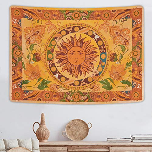 Yugarlibi Sonne Wandteppich Mandala Wandteppich Boho Vintage Blumen Wandbehang Orange Konstellation Wandbehang für Schlafzimmer Wohnzimmer Eingangshalle Hotel 210x150cm