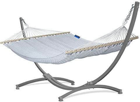 Potenza Outdoor Hängematte mit Gestell für 2 Personen I 100% Baumwolle Medelin Stabhängematte 215x140, 160kg I Hängemattengestell 220kg, wetterfest (Gestell Grau, Grau)