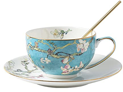 Pfedxoon Euro Style Tea Cup and Saucer Set, Vintage Royal Bone China Tea Cup, Elegant British Floral Coffee Tea Cup with Spoon for Breakfast Afternoon Tea, Blue Flower