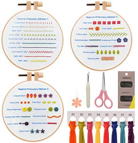 JSRQT 3 Stück Stich Praxis Stickerei Kit,Anfänger Verschiedene Stiche Stickerei Set,Embroidery Stitch Practice Kit für DIY Kunst