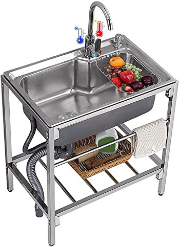Edelstahl Küchenspüle 1 Becken mit Abfluss Sieb und Abflusssieb, Freistehend Mobiles Spültisch, Einzelbecken Küche Outdoor Spüle Kommerzielle Gastronomie Spüle Standwaschbecken Mobile Spüle