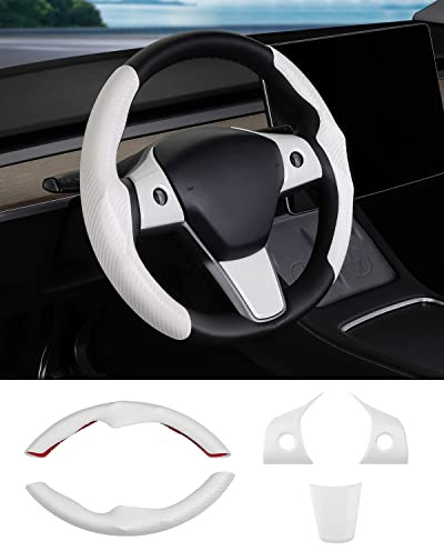 Canvcle Steering Wheel Cover for Tesla Model 3/ Model Y Carbon Fiber Steering Wheel Wrap Kit Car Wheel Protector Decoration Sticker Interior Trim Accessories White