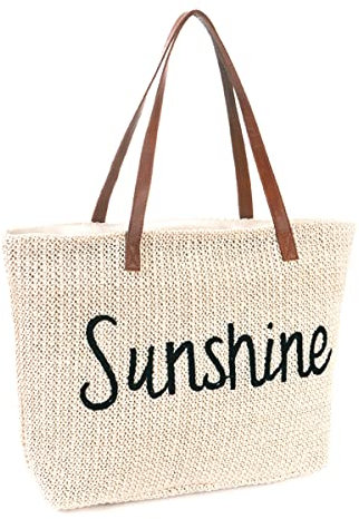 JFAN Stroh Strandtasche Große Damen Meer Tasche mit Reißverschluss Lässige Umhängetasche Sommer Beige Buchstaben Einheitsgröße