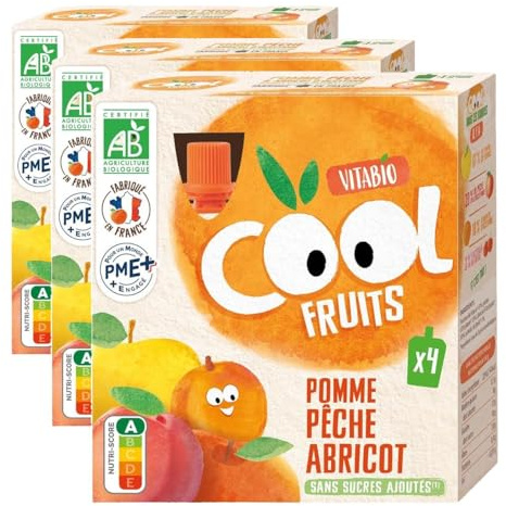 Vitabio Cool - Gourdes Fruits Pomme Pêche Abricot 4x90 g - Compote - BIO (Lot de 3)