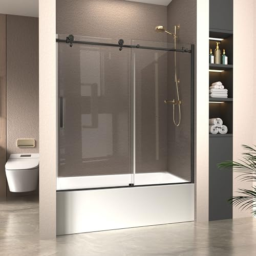 CKB Tub Door, 5/16 (8mm) Tempered Glass with Shatterproof Film and Easy Clean Coating, 57 1/2-60 W Adjustable x 60 H, Reversible Frameless Sliding Showr Door, Matte Black