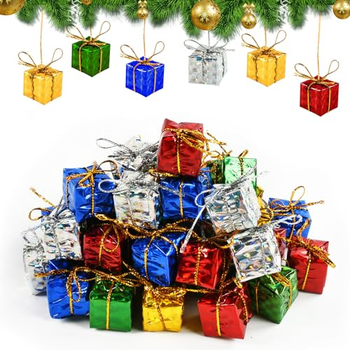 KATELUO Deko Geschenkpäckchen, 60 PCS Christbaumschmuck Mini, Mini Geschenke Deko, Weihnachtsbaum Mini Geschenkboxen, Weihnachtsbaumschmuck, Miniatur Weihnachtsbaum Anhänger