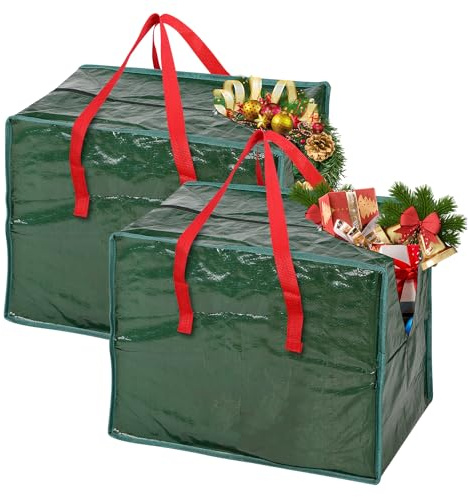 Vinsani 2pcs Extra Large Christmas Xmas Tree Storage Bags Waterproof, Green | Durable Bags with Strong Handles, Organise Baubles, Ornaments, Lights, Tinsel & Xmas Decorations, Dust & Moisture Resistant