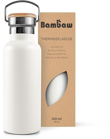 Bambaw Insulated Water Bottle 500ml, Stainless Steel, Leakproof, for Hiking, Hot Drinks Flask - Polar White