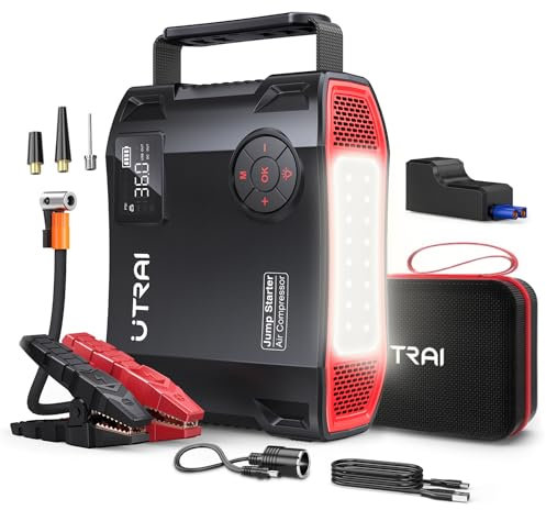6000A 27000mAh Arrancador de Coches con Compresor de Aire 150PSI,UTRAI 12V Arrancador de Baterias de Coche (para 8.0L de Diesel o Todo vehículo de Gasolina) DC160W/18W Fast Charging/Linterna LED