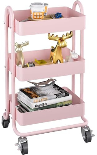Elitehouse Metal Rolling Cart,3-Tier Pink Rolling Cart with Wheels,Metal Utility Cart with Wheels for Office,Home,Kitchen,Garden（13.4x18.1x31） Pink