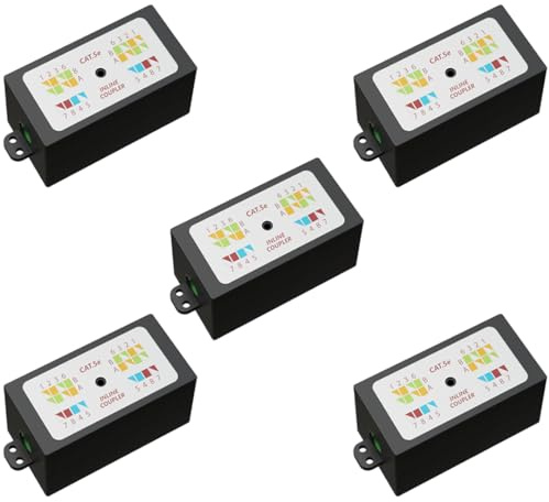 rhinocables Cat 5e Inline Ethernet Joiner | RJ45 Gigabit Krone Punchdown Coupler for Solid LAN Cable Terminations | Colour-Coded IDC Junction Box for Indoor Wiring & Maintenance, Black (5 Pack)