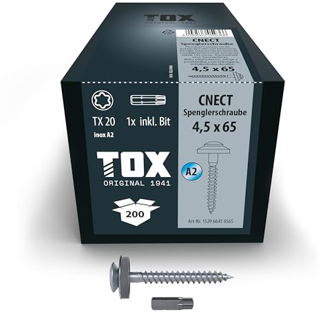 TOX Spenglerschrauben CNECT 4,5 x 65 mm, 200 Stk. | Witterungsbeständig, für Blech- und Dachanschlüsse, mit Dichtscheibe, TX-Antrieb, 152966414565