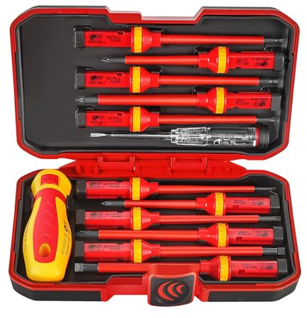 BILITOOLS Coffret de tournevis d'électricien VDE 1000 V, 13 pièces | Lot de Tournevis Isolés avec Embouts Magnétiques (Fente, PH, PZ, Torx) – Jeu de Tournevis d'Électricien Professionnel