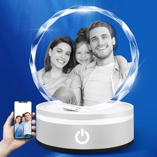 Laser Engraved Crystal Photo Customized, Personalized Round Crystal Photo Memorial Gift with Colorful Light Base for Christmas Birthday Anniversary, Custom Glass Picture Frame for Men Women Him Her