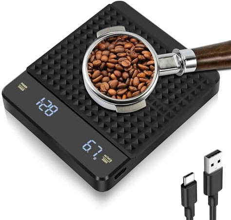 Digitale Kaffeewaage mit Timer, 0.1g Genaue Kaffeewaage mit 5 Modi, Wiederaufladbare Digital Kaffeewaage, Mini Küchenwaage mit Tara Funktion für Espresso und Pour-Over Kaffee, Max 3kg