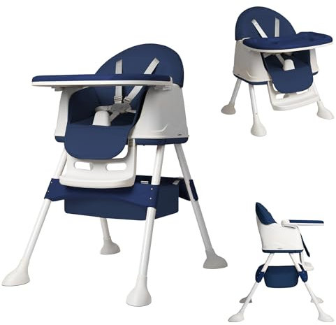 TWOLIIN Hochstuhl für Babys, 3-in-1 Klappbarer Kinder Essstuhl mit Höhenverstellung, Abnehmbarem Sitz und Rollen, Tragbarer Kombihochstuhl für Zuhause und Outdoor, Blau