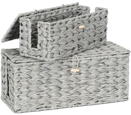 2 Stück Kabelmanagementbox, Handgefertigte Rattanimitation Kabelbox mit Abdeckung, Kabel Aufbewahrungsbox mit Seitlicher Öffnung zum Verstecken von Kabeln, Kabel Organisierte Box Geeignet für Zuhause