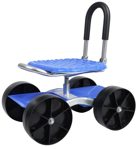 loyliawa Garden Cart Rolling Garden Cart, Height Adjustable Outdoor Gardening Stool Trolley with 360° Swivel Seat, Foldable Lazy Seat Stool with Storage Shelf, Flat Wheels Blue