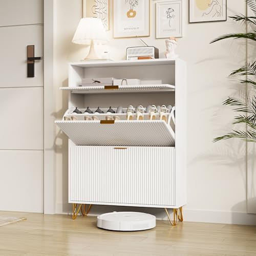 YGHQAP Schuhschrank mit 2 Klappen und Ablagefach, Schuhregal Schuhkipper Schmal Schuhkipper Weiss mit Ablageflächen Verstellbar für 14-18 Paar für Flur, Eingangsbereich (Weiß, 80x24x118.5cm)