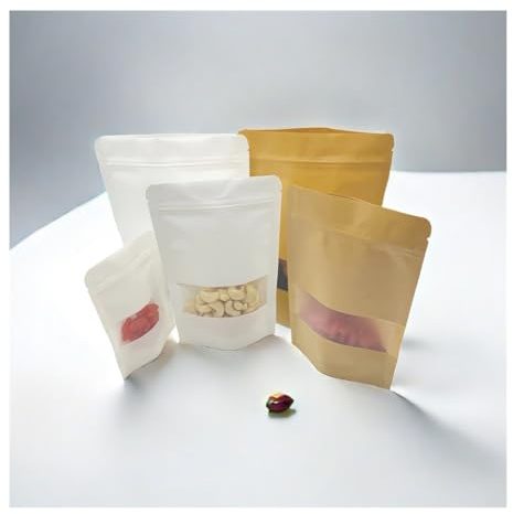 Lot de 10/30/50 sacs en papier kraft réutilisables avec fenêtre transparente pour emballage cadeau Marron (marron, 10_12 x 20 cm)