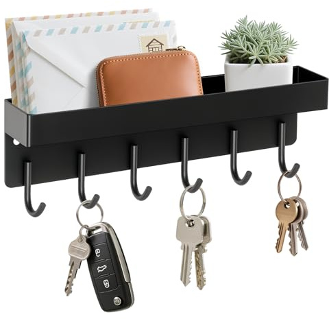 HOMEBROS Magnetic Key Holder Wall Mount, Small Metal Key Rack with Tray, 9.6 Inch, 6 Hooks, 2 Installation Options, Black