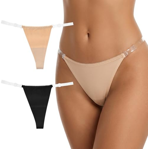 Lot de 2 Strings en Coton pour Femme - Sangle Transparente - String Invisible - Culotte Extensible - Taille S