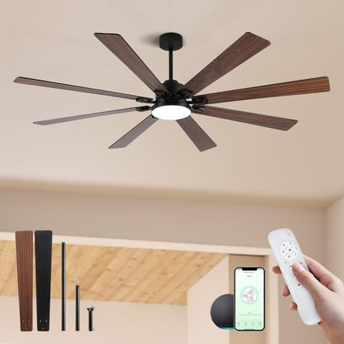ECOiTEL 72 Inch Large Smart Ceiling Fan with Light and Alexa/APP(via WiFi),Black Indoor Outdoor Ceiling with Remote for Bedroom Patio,6 Speed,Quiet DC Motor,3CCT,8 Wooden Blades