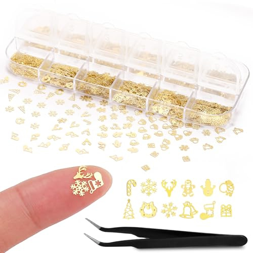 Naler Weihnachtliche Metallanhänger Set, 1200 Stück Mini Gold Ornamente, 5mm Schneeflocken und Weihnachtsmotive für Basteln und Dekoration