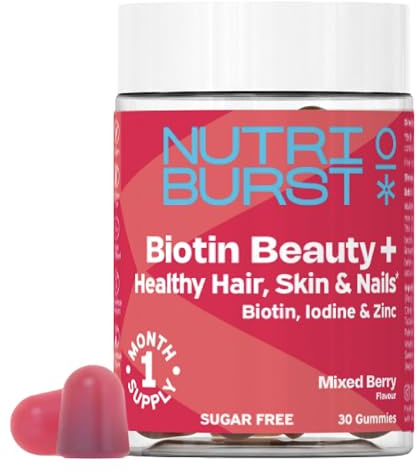 Nutriburst Biotin Beauty - Healthy Hair, Skin & Nails - Vegan Gummies • 2500mcg Biotin with Zinc, Iodine, Vitamins A, C, D3 & E - Mixed Berry Flavour • Sugar Free
