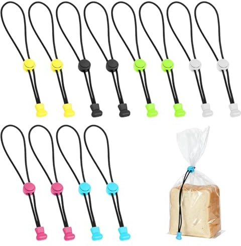 WJIAAA 12 Stück Verschlussclips für Beutel, 6 Farben Verstellbare Tütenclips mit 20cm Länge, Robust & Wiederverwendbar für Gefrierbeutel, Angelruten & Haushalt
