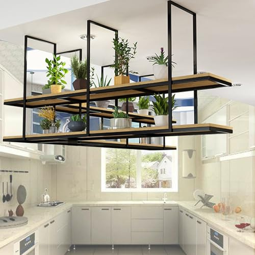 Hanging Ceiling Shelf Plant Stand with Anti-Fall Design - Overhead Floating Storage Rack for Kitchen Loft Bar - Pot & Pan Shelves (120x30x80cm)