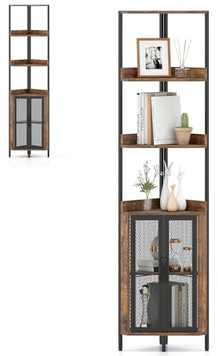 HOMASIS Scaffale ad Angolo, Mobiletto Angolare a 4 Ripiani e Armadietto, Portaoggetti di Legno, Mensola Industriale in Soggiorno, Studio, Cucina, Camera da Letto (Marrone, 32 x 170 cm)
