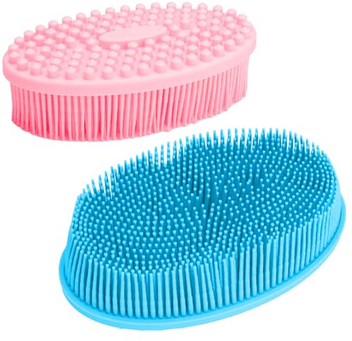 Cepillo Corporal de Silicona, Cepillo Silicona de 2 Caras, 2 en 1 Cepillos Exfoliante Corporal, Fácil de Limpiar, Duradero, para Limpieza de Piel y Cabello, Azul y Rosa