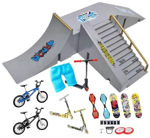 Skate-Rampe mit Griffbrett – Skate-Park-Set mit Grifffläche, Schlittschuhpark für Fingerboard, 13-teiliges Set mit 2 Fingerfahrrädern und 3 Finger-Skateboards, Mini-Finger-Skateboard-Rampe
