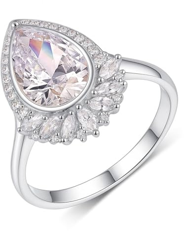 Tolldek Au 375/585/750 Weiß Gold Verlobungsring, Klassiker Zierlich Partnerringe mit Moissanit Tropfenschliff, Echtes Pärchen Ringe Weißgold 9K/14K/18K, Gr.47-65