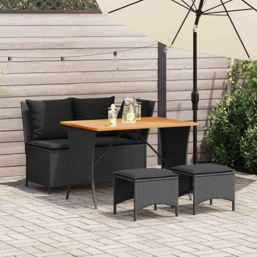 sephironlbb 4-TLG Garten-Essgruppe mit Kissen Schwarz Poly Rattan wetterfestes Gartenmöbel Set mit Tisch aus Akazienholz und Glasplatte Sitzgruppe für Balkon Terrasse Outdoor Lounge Garnitur