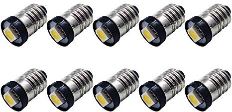 Ruiandsion 10pcs E10 LED Bulb DC 3V 0.5W 4300K Warm White 5050 1SMD LED Bulb for Torchlight Flashlight Torch Headlight,Negative Earth