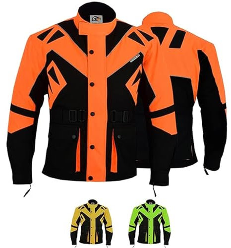 German Wear Motorradjacke Herren mit CE1-Protektoren - 5 Taschen, aus 4 Schichten, Winddicht, Reflektierend, lange Jacke - Abnehmbar & Washbar Thermofutter - Neonfarben Extra Sichtbarkeit - Orange - 4