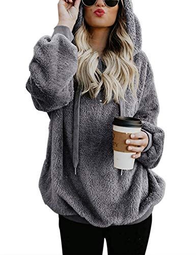iWoo Hoodie Damen Kapuzenpullover Teddy-Fleece Pullover Langarm Sweatshirt | Hoodie Damen Kapuzenpullover Teddy-Fleece Pullover Herbst Winter Warm Oberteil Langarm Einfarbig Casual Sweatshirt