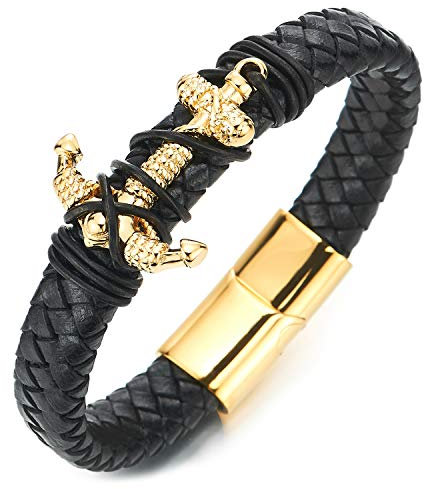 COOLSTEELANDBEYOND Hombre Mujer Oro Acero Pulsera del Náutico Marina Cuerda Ancla, Negro Trenzado Cuero Brazalete del Abrigo