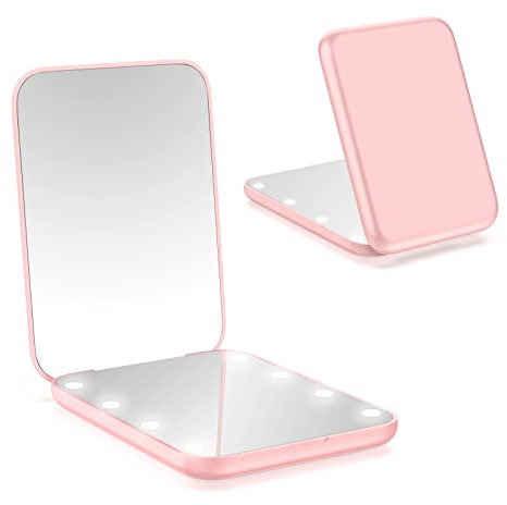 WOBSION Compact Mirror, Small Makeup Mirrors with Light for Travel, LED Pocket Mirror for Purse and Handbag, 1x/3x Magnifying Handheld Mirrors, Folding, Portable, Gifts for Women, Pink