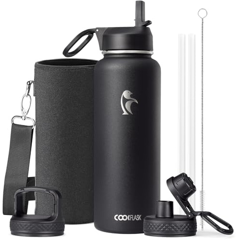 Water Bottle 40 oz Insulated with Straw&Brush, Coolflask Vaccum Stainless Steel Metal 3 Lids Water Flask for Sports, Gym or Office, Keep Cold 48H Hot 24H, Magic Black