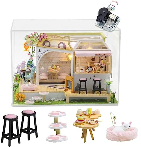 DIY Music Dollhouse With Dust Cover Miniature Cat Coffee Shop 3D Model Kits Wooden Dolls House Furniture Lights Accessories Birthday Xmas Gift For Boys Girls (Music Cafe With Dust Cover)