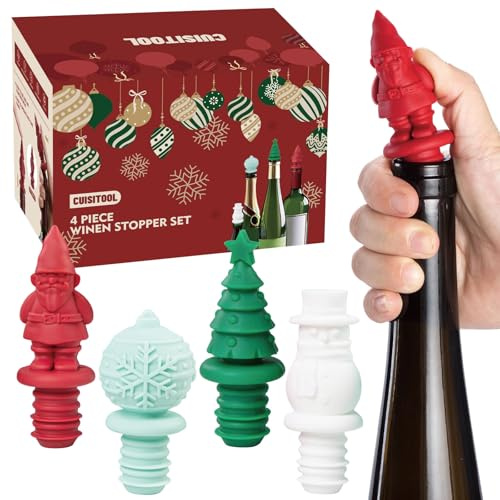 Silikon Weinverschluss, lustiger Weihnachten Weinflaschenverschlüsse, verschließt Flasche und hält Wein frisch, niedliches Weinzubehör, Küchenhelfer, 4 Stück