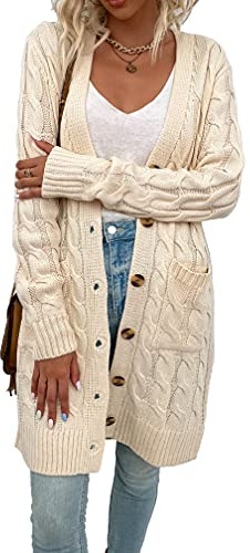 Skrsila Damkofta lång kofta med fickor stickad kappa långärmad knappslå stickad kofta öppen front höst vinter stickad kappa, Damkläder, Beige, XL